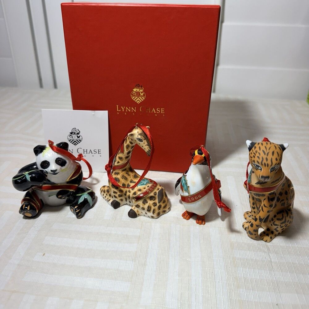 Lynn Chase Christmas Ornament Group 2001-2004 Jaguar Giraffe Panda Penguin